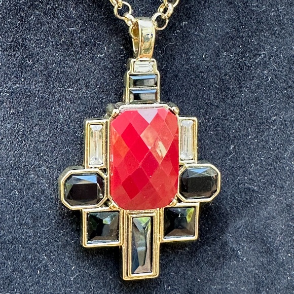 Chico's Jewelry - Chico's Red, Black and Gold Necklace Art Deco Style Vintage Pendant Necklace